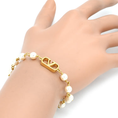 ヴァレンティノ VALENTINO Vロゴ シグネチャー パールビーズ 7W2J0G16UXM ゴールド×ホワイト GP フェイクパール ブレスレット