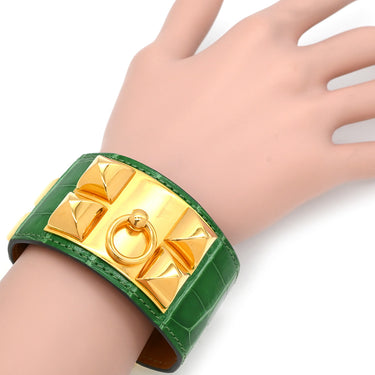 エルメス HERMES コリエ ド シアン カクタス×ゴールド アリゲーター GP T2 ブレスレット ゴールド金具 緑 艶あり