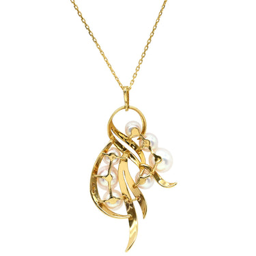 ミキモト MIKIMOTO リーフモチーフ パール パールホワイト×イエローゴールド K18YG パール ネックレス MIKIMOTO 真珠 7P 7粒 Au750 18K 18金 葉 植物 ウェーブ