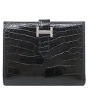 エルメス HERMES ベアンコンパクト ブラック アリゲーター 二つ折り財布 シルバー金具 黒 クロコ 艶あり 2025年製