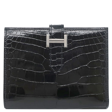 エルメス HERMES ベアンコンパクト ブラック アリゲーター 二つ折り財布 シルバー金具 黒 クロコ 艶あり 2025年製