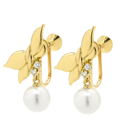 ミキモト MIKIMOTO パール ダイヤ リボンモチーフ パールホワイト×イエローゴールド K18YG パール ダイヤモンド イヤリング Au750 18K 真珠 1P 1粒 ネジ式 スイング ドロップ