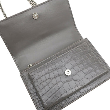 サンローラン SAINT LAURENT サンセット チェーンウォレット 452157 グレー レザー チェーンウォレット シルバー金具 クロコ型押し 斜め掛け チェーンバッグ