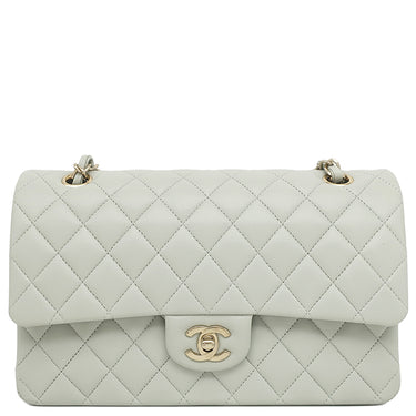 シャネル CHANEL マトラッセ Wフラップ チェーンショルダー ライトグレー ラムスキン ショルダーバッグ シャンパンゴールド金具 ブルーグレー ココマーク