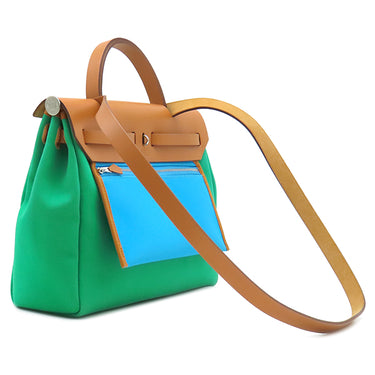 エルメス HERMES エールバッグジップPM 31 ルトゥルネ ミント×ナチュラル×ブルーアズテック トワルオフィシエ ヴァッシュハンター ショルダーバッグ シルバー金具 緑 茶 水色