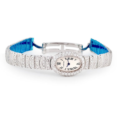腕時計 カルティエ Cartier ミニベニュワール W15189L2 クオーツ レディース K18WG無垢 ダイヤ アイボリー ローマン オーバル 青針