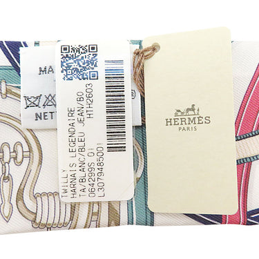エルメス HERMES ツイリー H064299S ホワイト×ブルージーン×ボワドゥローズ シルク スカーフ 新品 未使用 【Harnais Legendaire/伝説のハーネス】