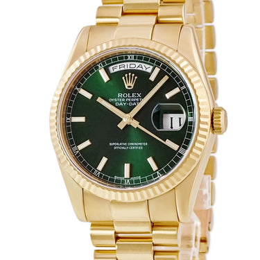 腕時計 ロレックス ROLEX デイデイト 36 118238 自動巻き メンズ メーカーOH済 Y番 K18YG無垢 フルーテッドベゼル グリーン