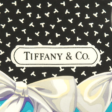 ティファニー Tiffany & Co リボン 大判スカーフ ブラック×ブルー シルク スカーフ 黒 ブルー Tロゴ ダンシングT 薄地