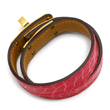 エルメス HERMES ケリー ドゥブルトゥール ローズエクストリーム×ゴールド アリゲーター メタル T1 ブレスレット ゴールド金具 赤 2連 2重 レザーブレス