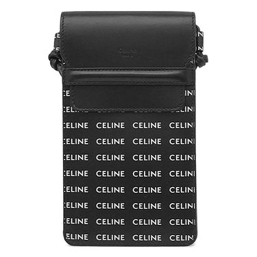 セリーヌ CELINE フォンポーチ 10G332 ブラック レザー ショルダーバッグ 黒 白 ロゴ 総柄 モバイルポーチ