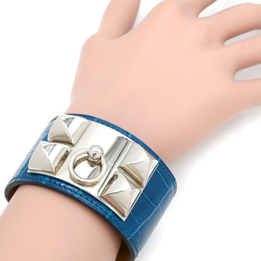 エルメス HERMES コリエ ド シアン ブルーイズミール×ゴールド アリゲーター GP S ブレスレット シルバー金具 青 艶あり