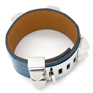 エルメス HERMES コリエ ド シアン ブルーイズミール×ゴールド アリゲーター GP S ブレスレット シルバー金具 青 艶あり