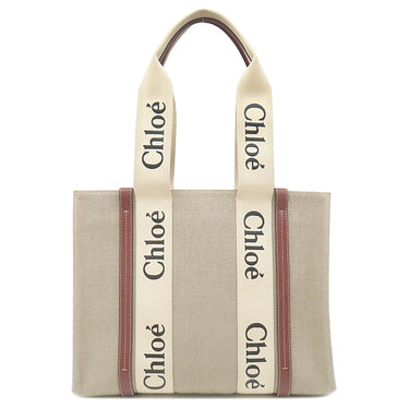 クロエ Chloe ウッディ ミディアム トート CHC22AS383I26 ベージュ×ブラウン リネン リネンキャンバス シャイニーカーフスキン トートバッグ ショルダー 肩掛け