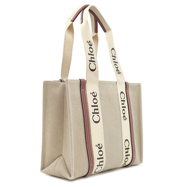 クロエ Chloe ウッディ ミディアム トート CHC22AS383I26 ベージュ×ブラウン リネン リネンキャンバス シャイニーカーフスキン トートバッグ ショルダー 肩掛け