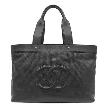 シャネル CHANEL ココマーク パンチング ブラック レザー トートバッグ シルバー金具 黒 ココマーク ショルダー 肩掛け