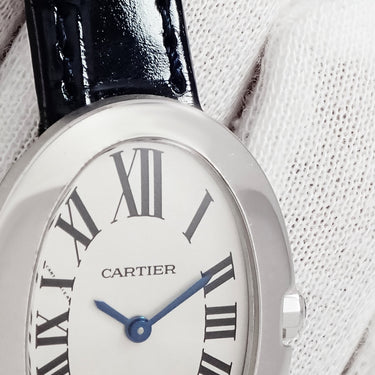 腕時計 カルティエ Cartier ベニュワール SM W8000003 クオーツ レディース K18WG無垢 ローマン オーバル 青針 シルバー サンレイ