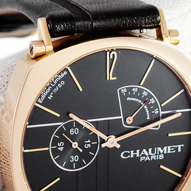 腕時計 ショーメ CHAUMET ダンディ パワーリザーブインジケーター W11884-25B 手巻き メンズ K18PG無垢 ブラック デイト 限定