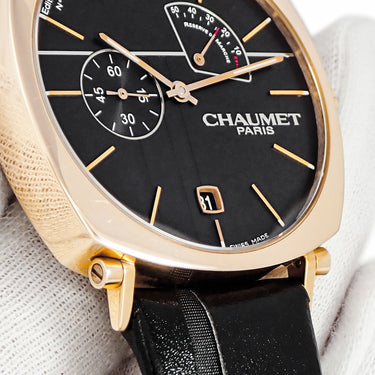 腕時計 ショーメ CHAUMET ダンディ パワーリザーブインジケーター W11884-25B 手巻き メンズ K18PG無垢 ブラック デイト 限定