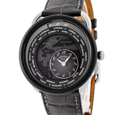 腕時計 エルメス HERMES アルソー ル タン ヴォヤジャー AR10.741.330 自動巻き メンズ Pt950×チタン プラチナ コンビ 黒 GMT