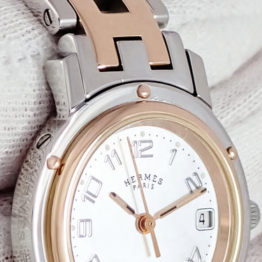 腕時計 エルメス HERMES クリッパー ナクレ CL4.221 クオーツ レディース ホワイト シェル アラビア デイト