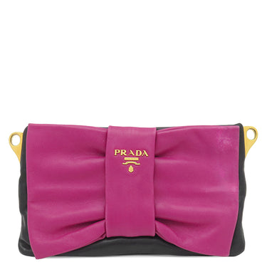 プラダ PRADA バンドリヤー リボンモチーフ BT0685 NERO×DALIA ラムスキン ナッパレザー 2WAYバッグ ゴールド金具 ポーチ ショルダー 黒 ピンク