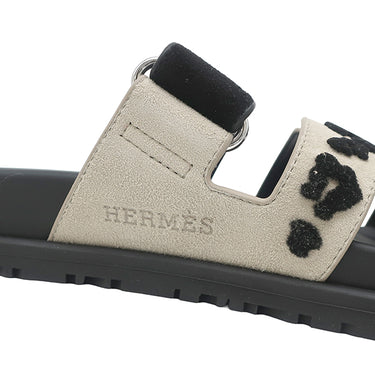 エルメス HERMES シプレ H242133Z グレー×ブラック スウェード レザー タフテッドスエードゴートスキン #35.5 サンダル レオパード ラバーソール ベルクロサンダル テクノサンダル