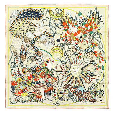 エルメス HERMES カレ90 CARRE ヴァニラ×ヴェール×オレンジ シルク スカーフ 【LE SACRE DES SAISONS/四季の祭典】