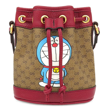 グッチ GUCCI ドラえもん コラボ ミニバケット 647801 ブラウン×レッド GGスプリームキャンバス レザー ショルダーバッグ ゴールド金具 茶 赤 巾着バッグ