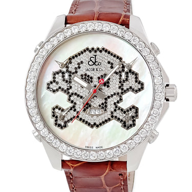 腕時計 ジェイコブ JACOB&CO 5タイムゾーン 47mm スカル JC-SKULL7D クオーツ メンズ 純正ダイヤ パヴェ シェル GMT 骸骨 ドクロ