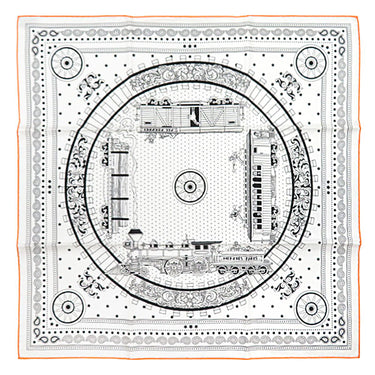 エルメス HERMES カレ55 CARRE H044047S ホワイト×ブラック×オレンジ シルク スカーフ 【All Aboard!/オール アボード！】 ソルド品