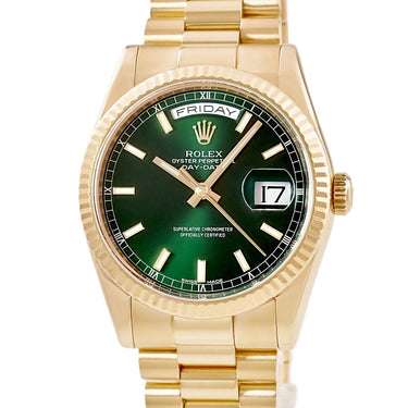 腕時計 ロレックス ROLEX デイデイト 36 118238 自動巻き メンズ メーカーOH済 G番 K18YG無垢 グリーン フルーテッドベゼル