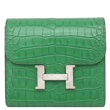 エルメス HERMES コンスタンス コンパクト カクタス アリゲーターマット 二つ折り財布 シルバー金具 緑 コンパクトウォレット クロコ