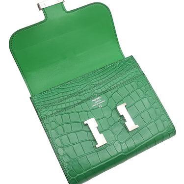 エルメス HERMES コンスタンス コンパクト カクタス アリゲーターマット 二つ折り財布 シルバー金具 緑 コンパクトウォレット クロコ