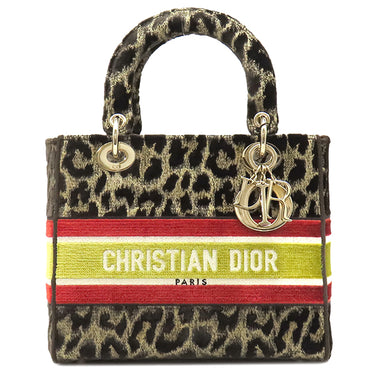 クリスチャン・ディオール Christian Dior レディディオール ミディアム ブラウン×マルチカラー ベルベット 2WAYバッグ ゴールド金具 ディライト レオパード