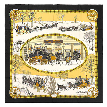 エルメス HERMES カレ90 ブラック×マルチカラー シルク スカーフ 【Ｌ HIVER EN POSTE/冬の郵便馬車】