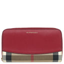 バーバリー BURBERRY ハウスチェック ラウンドジップ ウォレット レッド×アーカイブベージュ コットン レザー 長財布 ゴールド金具 赤 ベージュ チェック 小銭入れ