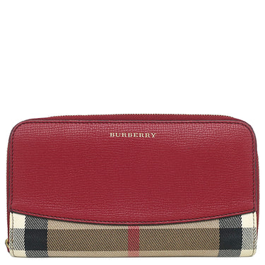 バーバリー BURBERRY ハウスチェック ラウンドジップ ウォレット レッド×アーカイブベージュ コットン レザー 長財布 ゴールド金具 赤 ベージュ チェック 小銭入れ