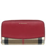 バーバリー BURBERRY ハウスチェック ラウンドジップ ウォレット レッド×アーカイブベージュ コットン レザー 長財布 ゴールド金具 赤 ベージュ チェック 小銭入れ