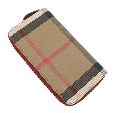 バーバリー BURBERRY ハウスチェック ラウンドジップ ウォレット レッド×アーカイブベージュ コットン レザー 長財布 ゴールド金具 赤 ベージュ チェック 小銭入れ