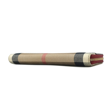 バーバリー BURBERRY ハウスチェック ラウンドジップ ウォレット レッド×アーカイブベージュ コットン レザー 長財布 ゴールド金具 赤 ベージュ チェック 小銭入れ