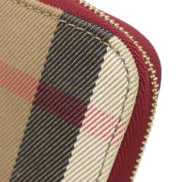 バーバリー BURBERRY ハウスチェック ラウンドジップ ウォレット レッド×アーカイブベージュ コットン レザー 長財布 ゴールド金具 赤 ベージュ チェック 小銭入れ
