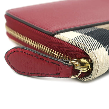 バーバリー BURBERRY ハウスチェック ラウンドジップ ウォレット レッド×アーカイブベージュ コットン レザー 長財布 ゴールド金具 赤 ベージュ チェック 小銭入れ