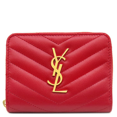 サンローラン SAINT LAURENT カサンドラ Vステッチ コンパクトジップ 403723 レッド レザー 二つ折り財布 ゴールド金具 モノグラム