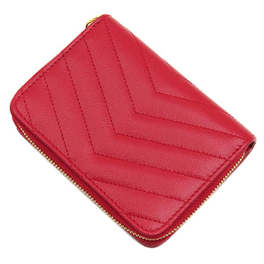 サンローラン SAINT LAURENT カサンドラ Vステッチ コンパクトジップ 403723 レッド レザー 二つ折り財布 ゴールド金具 モノグラム