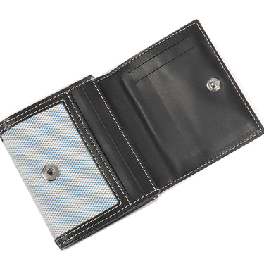 バーバリー BURBERRY ルナ ウォレット ライトブルー×ブラック キャンバス レザー 二つ折り財布 シルバー金具 水色 黒 コンパクトウォレット