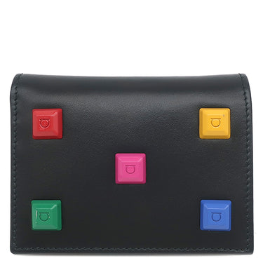 サルヴァトーレ・フェラガモ Salvatore Ferragamo マルチスタッズ コンパクトウォレット JP-22-D570 ブラック×マルチカラー レザー 二つ折り財布 ゴールド金具 レインボー