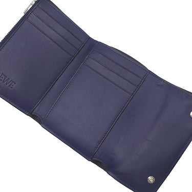 ロエベ LOEWE リネン アナグラム コンパクトウォレット ネイビー レザー 三つ折り財布 シルバー金具 紺 小銭入れ 札入れ カード入れ