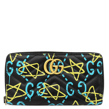 グッチ GUCCI グッチ ゴースト ラウンドファスナー 448087 ブラック×イエロー×ブルー レザー 長財布 ヴィンテージ金具 GG 星 落書き風 小銭入れ