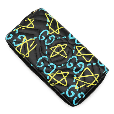グッチ GUCCI グッチ ゴースト ラウンドファスナー 448087 ブラック×イエロー×ブルー レザー 長財布 ヴィンテージ金具 GG 星 落書き風 小銭入れ